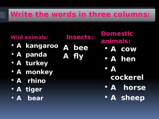 Write the words in three columns: Wild animals: Domestic animals: Insects: A kangaroo A panda A turkey A monkey A rhino A tiger A bear  A bee A fly A cow A hen A cockerel A horse A sheep 