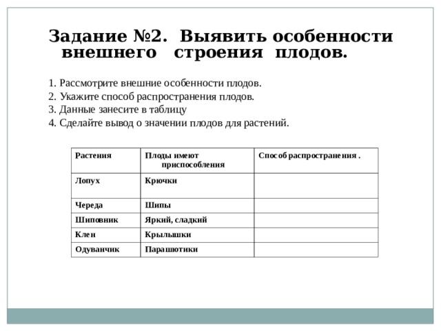 Задание №2. Выявить особенности внешнего строения плодов.  1. Рассмотрите внешние особенности плодов. 2. Укажите способ распространения плодов. 3. Данные занесите в таблицу 4. Сделайте вывод о значении плодов для растений. Растения  Лопух Плоды имеют приспособления Способ распространения . Крючки  Череда Шиповник Шипы Клен Яркий, сладкий Одуванчик Крылышки Парашютики 