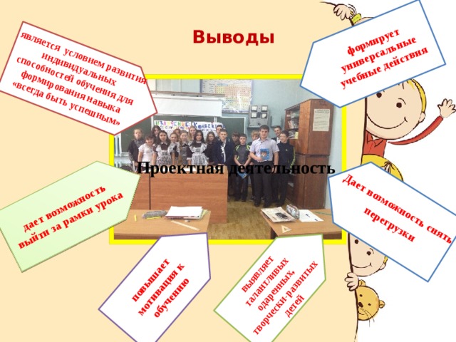 дает возможность выйти за рамки урока повышает мотивация к обучению Дает возможность снять перегрузки формирует универсальные учебные действия является условием развития индивидуальных способностей обучения для формирования навыка «всегда быть успешным» выявляет талантливых одаренных, творчески-развитых детей Выводы Проектная деятельность 