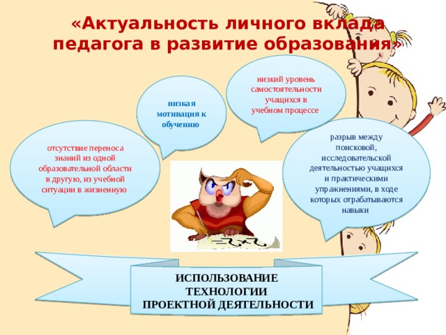 «Актуальность личного вклада педагога в развитие образования» низкий уровень самостоятельности учащихся в учебном процессе низкая мотивация к обучению разрыв между поисковой, исследовательской деятельностью учащихся и практическими упражнениями, в ходе которых отрабатываются навыки отсутствие переноса знаний из одной образовательной области в другую, из учебной ситуации в жизненную ИСПОЛЬЗОВАНИЕ ТЕХНОЛОГИИ  ПРОЕКТНОЙ ДЕЯТЕЛЬНОСТИ 