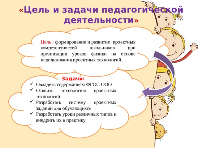 « Цель и задачи педагогической деятельности » Цель : формирование и развитие проектных компетентностей школьников при организации уроков физики на основе использования проектных технологий. Задачи: Овладеть содержанием ФГОС ООО Освоить технологию проектных технологий Разработать систему проектных заданий для обучающихся Разработать уроки различных типов и внедрить их в практику 