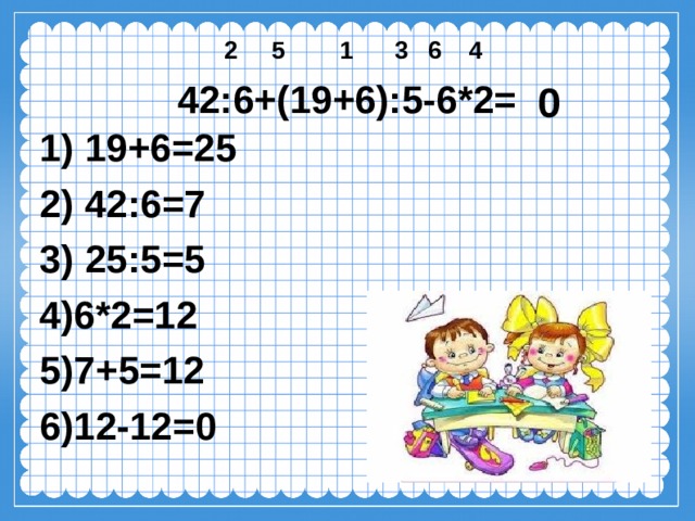  2 5 1 3 6 4 42:6+(19+6):5-6*2= 1) 19+6=25 2) 42:6=7 3) 25:5=5 4)6*2=12 5)7+5=12 6)12-12=0 0 