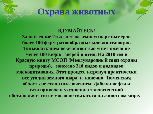 Охрана животных ВДУМАЙТЕСЬ! За последние 2тыс. лет на земном шаре вымерло более 100 форм разнообразных млекопитающих. Только в нашем веке полностью уничтожено не менее 100 видов зверей и птиц. На 2010 год в Красную книгу МСОП (Международный союз охраны природы), занесено 318 видов и подвидов млекопитающих. Этот процесс затронул практически все уголки земного шара, и конечно, Тюменская область не стала исключением. Добыча нефти и газа привела к ухудшению экологической обстановки и это не могло не сказаться на животном мире.  