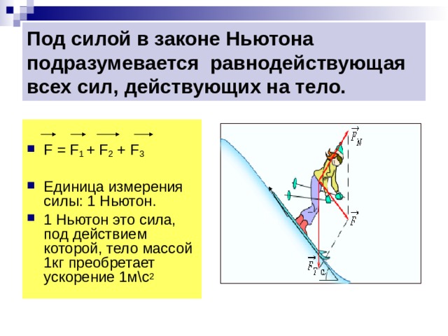 Под силой в законе Ньютона подразумевается равнодействующая всех сил, действующих на тело. F = F 1 + F 2 + F 3  Единица измерения силы: 1 Ньютон. 1 Ньютон это сила, под действием которой, тело массой 1кг преобретает ускорение 1м\с 2 F тр 