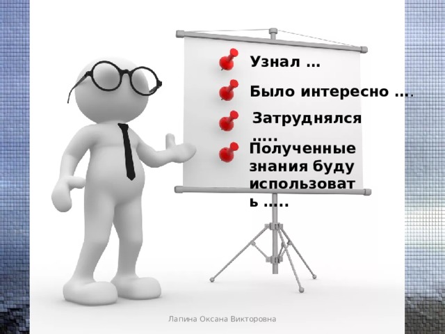 Узнал … Было интересно … . Затруднялся ….. Полученные знания буду использовать ….. Лапина Оксана Викторовна 