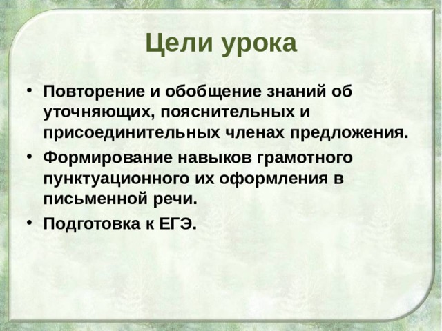 Цели урока Повторение и обобщение знаний об уточняющих, пояснительных и присоединительных членах предложения. Формирование навыков грамотного пунктуационного их оформления в письменной речи. Подготовка к ЕГЭ.  