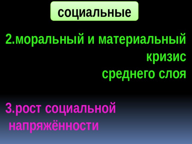 социальные  2.моральный и материальный  кризис  среднего слоя  3.рост социальной  напряжённости 