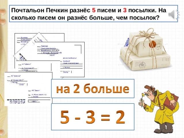 Сколько письма. Почтальон должен разнести по адресам. Почтальон должен разнести пять писем. Почтальон должен разнести по адресам 8 писем он уже разнёс 6 писем. Почтальон разнес 9 писем и 5 посылок на сколько больше.