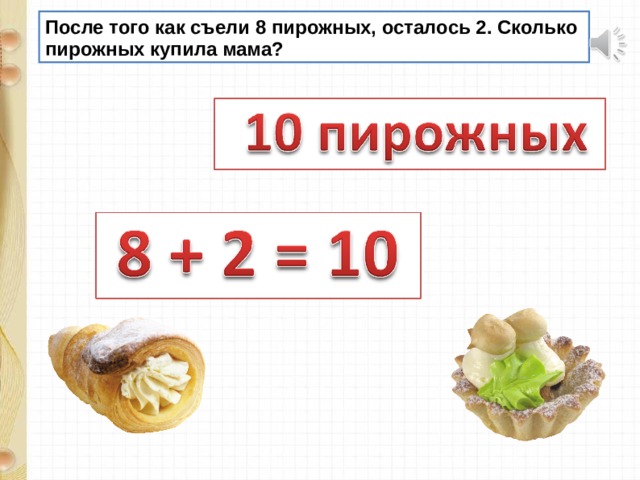 После того как съели 8 пирожных, осталось 2. Сколько пирожных купила мама? 