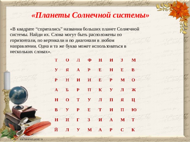 «Планеты Солнечной системы»    «В квадрате “спрятались” названия больших планет Солнечной системы. Найди их. Слова могут быть расположены по горизонтали, по вертикали и по диагонали в любом направлении. Одна и та же буква может использоваться в нескольких словах». 