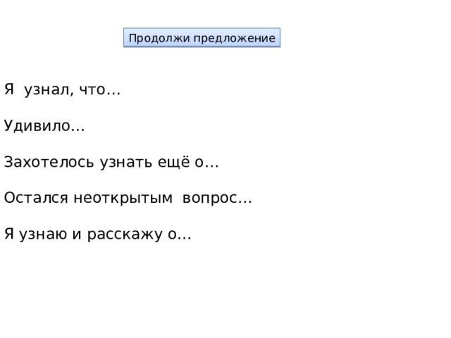 Продолжи предложение Я узнал, что… Удивило… Захотелось узнать ещё о… Остался неоткрытым вопрос… Я узнаю и расскажу о… 