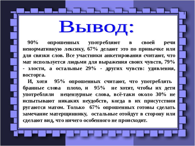 90% опрошенных употребляют в своей речи ненормативную лексику, 67% делают это по привычке или для связки слов. Все участники анкетирования считают, что мат используется людьми для выражения своих чувств, 79% - злости, а остальные 29% - других чувств: удивления, восторга. И, хотя 95% опрошенных считают, что употреблять бранные слова плохо, и 95% не хотят, чтобы их дети употребляли нецензурные слова, всё-таки около 30% не испытывают никаких неудобств, когда в их присутствии ругаются матом. Только 67% опрошенных готовы сделать замечание матерщиннику, остальные отойдут в сторону или сделают вид, что ничего особенного не происходит.