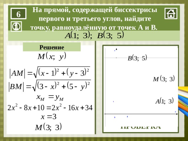  На прямой, содержащей биссектрисы  первого и третьего углов, найдите точку, равноудалённую от точек А и В. 6 Решение ПРОВЕРКА 