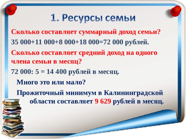 Сколько составляет суммарный доход семьи? 35 000+11 000+8 000+18 000=72 000 рублей. Сколько составляет средний доход на одного члена семьи в месяц? 72 000: 5 = 14 400 рублей в месяц.  Много это или мало?  Прожиточный минимум в Калининградской  области составляет 9 629 рублей в месяц.   