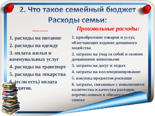     Обязательные расходы: Произвольные расходы: 1. расходы на питание 2. расходы на одежду 3. оплата жилья и коммунальных услуг 4. расходы на транспорт 5. расходы на лекарства 6. (если есть) оплата  кредитов.  1. приобретение товаров и услуг, облегчающих ведение домашнего хозяйства 2. затраты на уход за собой и своими домашними животными 3. затраты на досуг и отдых 4. затраты на коллекционирование 5. покупка предметов роскоши 6. затраты, связанные с повышением количества и качества расходов, перечисленных в обязательном списке 