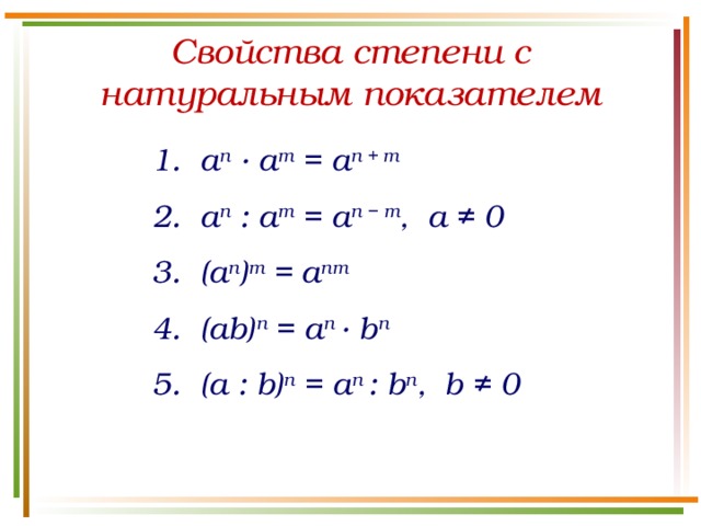 Свойства степени с натуральным показателем