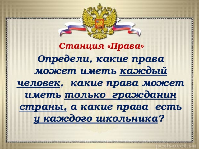 Станция «Права» Определи, какие права может иметь каждый человек , какие права может иметь только гражданин страны, а какие права есть у каждого школьника ? 