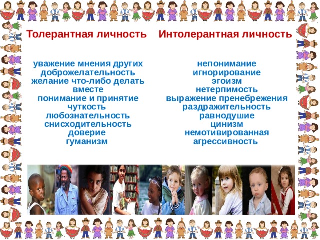 Толерантная личность уважение мнения других  доброжелательность  желание что-либо делать вместе  понимание и принятие  чуткость любознательность  снисходительность  доверие гуманизм Интолерантная личность непонимание  игнорирование  эгоизм  нетерпимость  выражение пренебрежения  раздражительность  равнодушие  цинизм  немотивированная агрессивность 