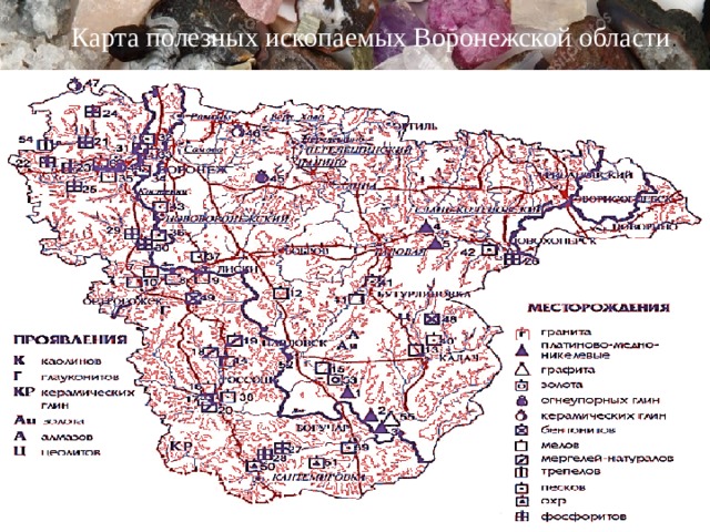 Карта полезных ископаемых Воронежской области . 