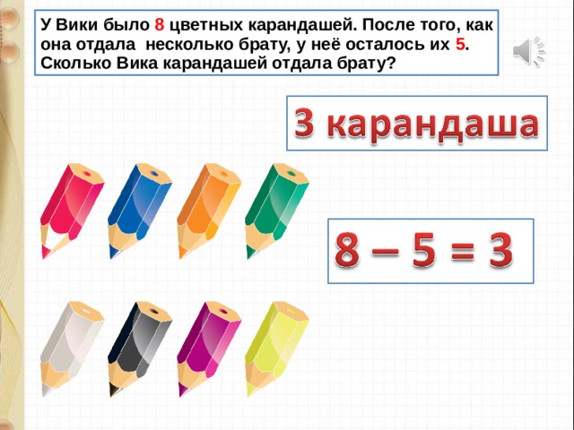 Было 8 карандашей. Несколько это сколько Вики. Сколько Вик. В коробке было 3 карандаша после того как.