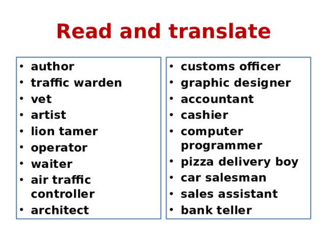 Read and translate author traffic warden vet artist lion tamer operator waiter air traffic controller architect customs officer graphic designer accountant cashier computer programmer pizza delivery boy car salesman sales assistant bank teller 