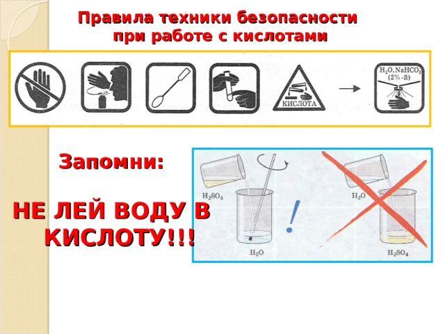 Правила техники безопасности  при работе с кислотами Запомни:  НЕ ЛЕЙ ВОДУ В КИСЛОТУ!!!