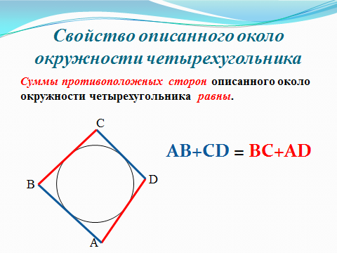 Суммы противолежащих сторон равны. Свойства четырехугольника описанного около окружности. Окружность описанная вокруг четырехугольника свойства. Описать окружность вокруг четырехугольника. Свойство сторон четырёхугольника описанного около окружности.