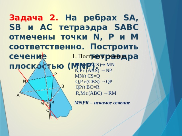 Задача 2. На ребрах SA, SB и AC тетраэдра SABC отмечены точки N, P и M соответственно. Построить сечение тетраэдра плоскостью (МNP). 1. Построим сечение. S M,N є (ACS) → MN N,P є (ABS) →NP P MN ∩ CS=Q Q,P є (CBS) →QP N QP ∩ BC=R B R,M є (ABC) →RM A MNPR – искомое сечение R M C Q