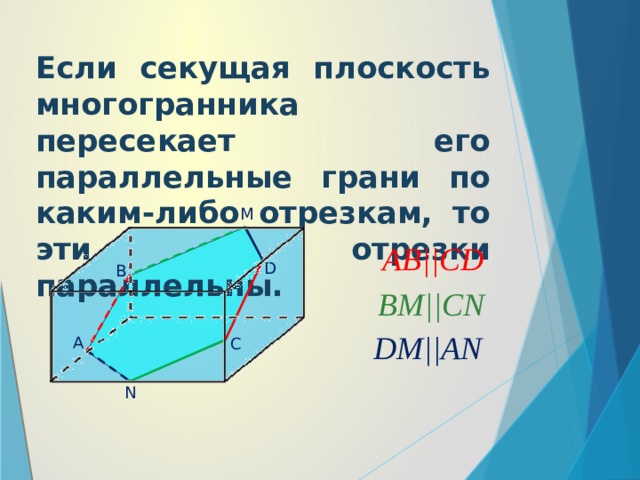 Если секущая плоскость многогранника пересекает его параллельные грани по каким-либо отрезкам, то эти отрезки параллельны. M AB||CD D B BM||CN DM||AN A C N