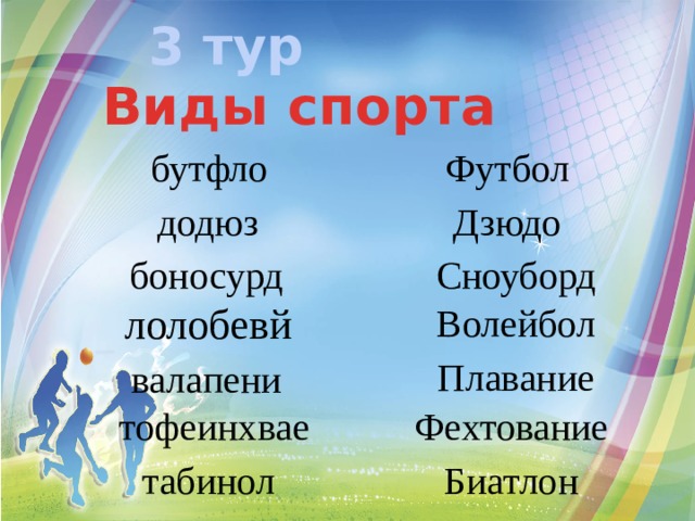 3 тур Виды спорта Футбол бутфло додюз Дзюдо боносурд Сноуборд лолобевй Волейбол Плавание валапени Фехтование тофеинхвае Биатлон табинол 