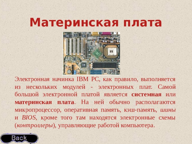 Материнская плата Электронная начинка IBM PC, как правило, выполняется из нескольких модулей - электронных плат. Самой большой электронной платой является системная или материнская плата . На ней обычно располагаются микропроцессор, оперативная память, кэш-память, шины и BIOS , кроме того там находятся электронные схемы ( контроллеры ), управляющие работой компьютера. 