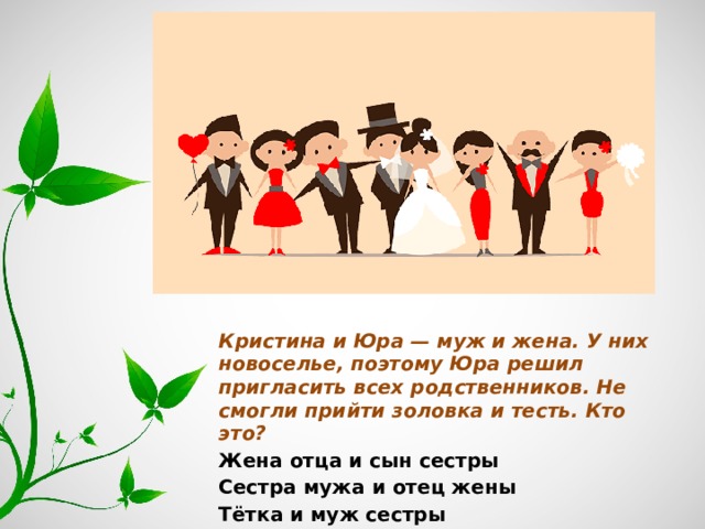 Кристина и Юра — муж и жена. У них новоселье, поэтому Юра решил пригласить всех родственников. Не смогли прийти золовка и тесть. Кто это? Жена отца и сын сестры Сестра мужа и отец жены Тётка и муж сестры 