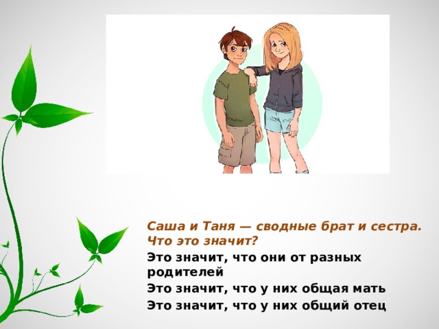 Саша и Таня — сводные брат и сестра. Что это значит? Это значит, что они от разных родителей Это значит, что у них общая мать Это значит, что у них общий отец 