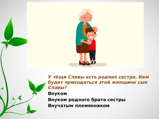 У тёщи Славы есть родная сестра. Кем будет приходиться этой женщине сын Славы? Внуком Внуком родного брата сестры Внучатым племянником 