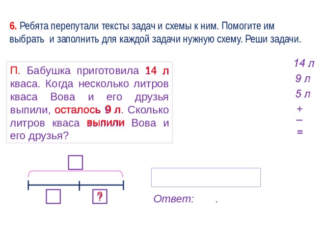 6. Ребята перепутали тексты задач и схемы к ним. Помогите им выбрать и заполнить для каждой задачи нужную схему. Реши задачи. П. Бабушка приготовила 14 л кваса. Когда несколько литров кваса Вова и его друзья выпили, осталось 9 л. Сколько литров кваса выпили Вова и его друзья? ? Ответ: . 