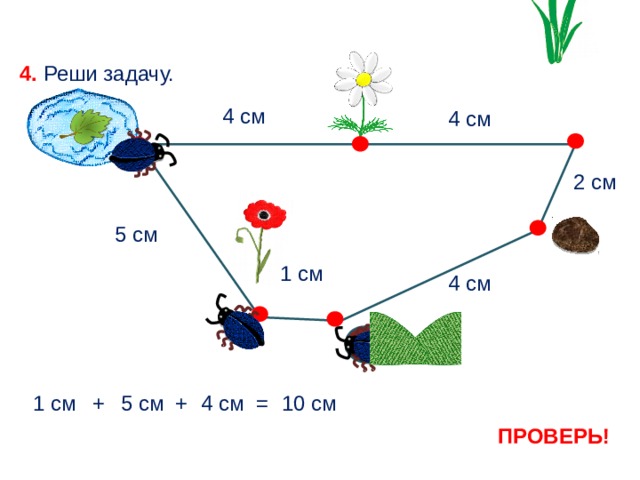 4. Реши задачу. 4 см 4 см 2 см 5 см 1 см 4 см 4 см + 1 см 5 см + = 10 см ПРОВЕРЬ! 