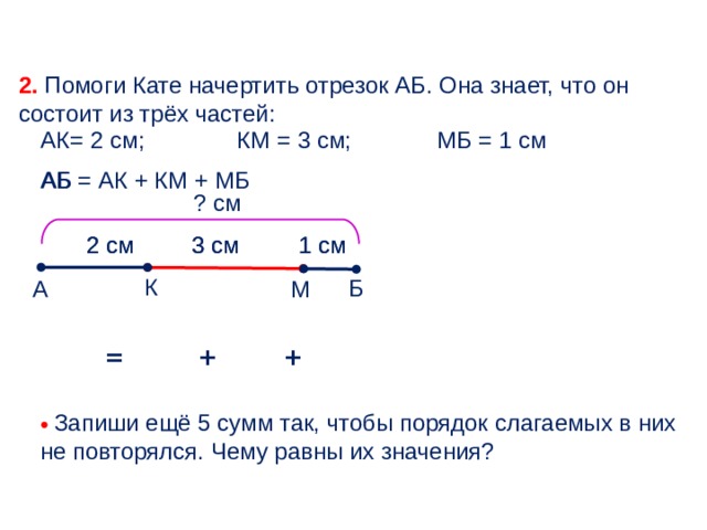 2. Помоги Кате начертить отрезок АБ. Она знает, что он состоит из трёх частей: АК= 2 см; КМ = 3 см  МБ = 1 см МБ = 1 см КМ = 3 см; АК= 2 см; АБ = АК + КМ + МБ АБ ? см 2 см 2 см 3 см 1 см 3 см 1 см К Б А М + = +   Запиши ещё 5 сумм так, чтобы порядок слагаемых в них не повторялся. Чему равны их значения? 6 