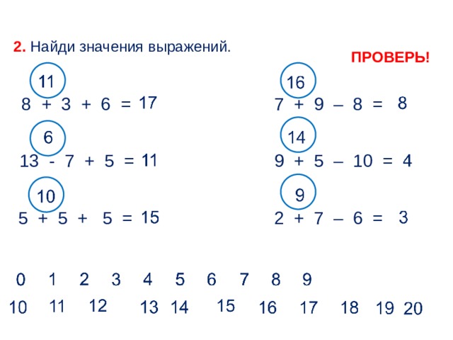 2. Найди значения выражений. ПРОВЕРЬ! 7 + 9 – 8 = 8 + 3 + 6 = 9 + 5 – 10 = 13 - 7 + 5 = 2 + 7 – 6 = 5 + 5 + 5 =  