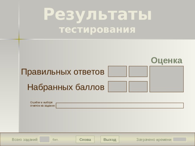 Результаты  тестирования Подождите! Идет обработка данных Оценка Правильных ответов Набранных баллов В конструкторе использована идея перемещения объектов в режиме просмотра демонстрации, предложенная Гансом Хофманом (Hans Werner Hofmann hw@lemitec.de) Ошибки в выборе ответов на задания:  Снова Выход Всего заданий  бал. Затрачено времени 2 
