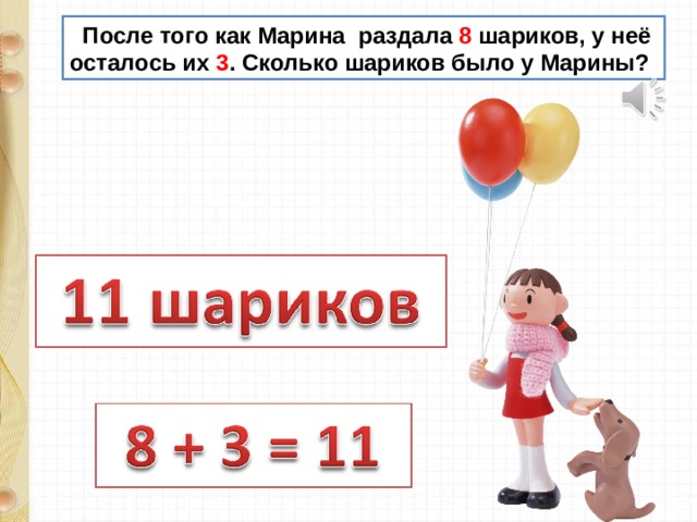  После того как Марина раздала 8 шариков, у неё осталось их 3 . Сколько шариков было у Марины? 