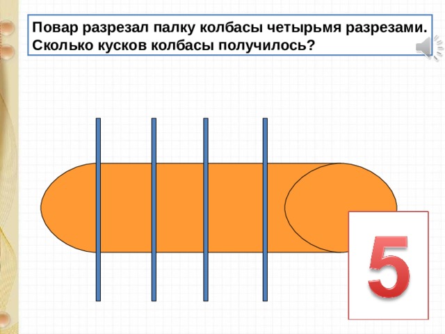Повар разрезал палку колбасы четырьмя разрезами. Сколько кусков колбасы получилось? 