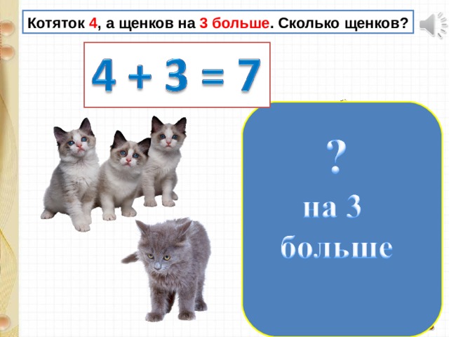 Котяток 4 , а щенков на 3 больше . Сколько щенков? 