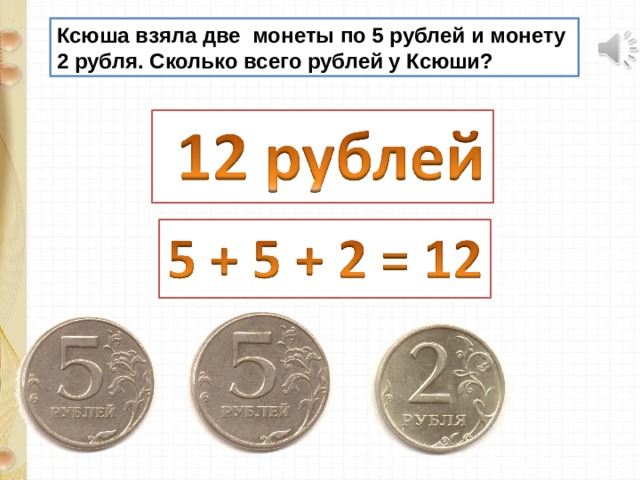 Ксюша взяла две монеты по 5 рублей и монету 2 рубля. Сколько всего рублей у Ксюши? 