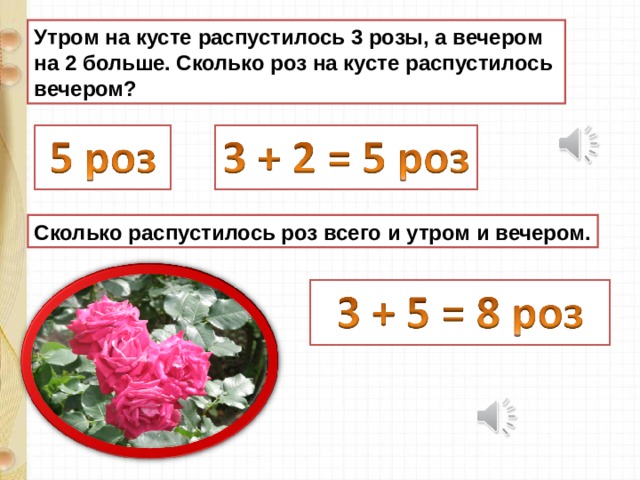 Утром на кусте распустилось 3 розы, а вечером на 2 больше. Сколько роз на кусте распустилось вечером? Сколько распустилось роз всего и утром и вечером. 