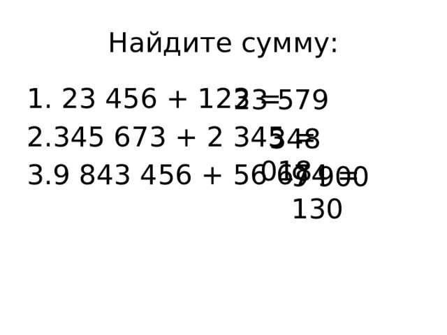 Найдите сумму:  23 456 + 123 = 345 673 + 2 345 = 9 843 456 + 56 674 = 23 579  348 018 9 900 130