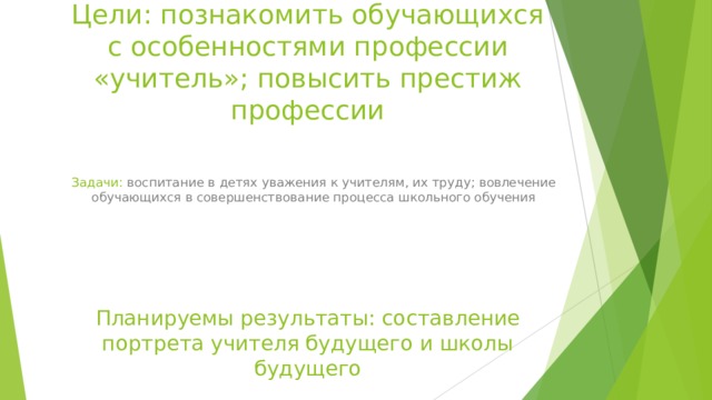    Цели: познакомить обучающихся с особенностями профессии «учитель»; повысить престиж профессии    Задачи: воспитание в детях уважения к учителям, их труду; вовлечение обучающихся в совершенствование процесса школьного обучения Планируемы результаты: составление портрета учителя будущего и школы будущего 