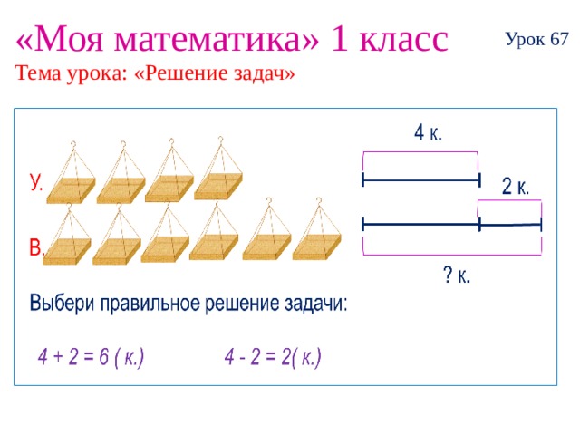 «Моя математика» 1 класс Урок 67 Тема урока: «Решение задач» 