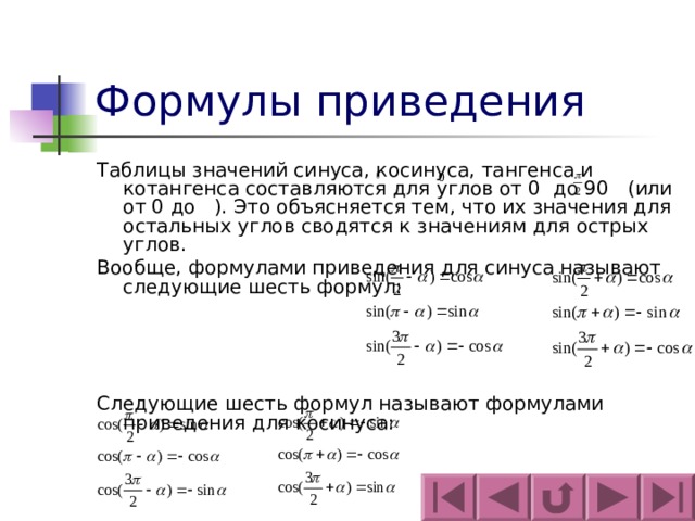 Формулы приведения Таблицы значений синуса, косинуса, тангенса и котангенса составляются для углов от 0 до 90 (или от 0 до ). Это объясняется тем, что их значения для остальных углов сводятся к значениям для острых углов. Вообще, формулами приведения для синуса называют следующие шесть формул: Следующие шесть формул называют формулами приведения для косинуса: 