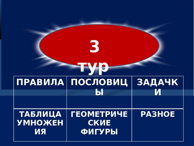  3 тур ПРАВИЛА ТАБЛИЦА УМНОЖЕНИЯ ПОСЛОВИЦЫ ЗАДАЧКИ ГЕОМЕТРИЧЕСКИЕ ФИГУРЫ РАЗНОЕ 