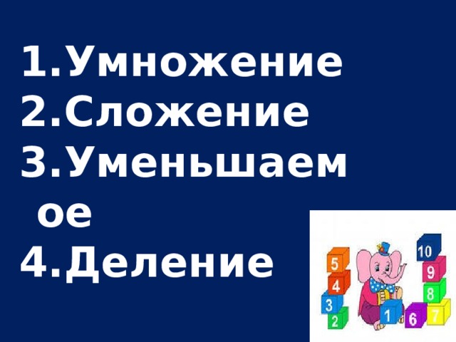 Умножение Сложение Уменьшаемое Деление 